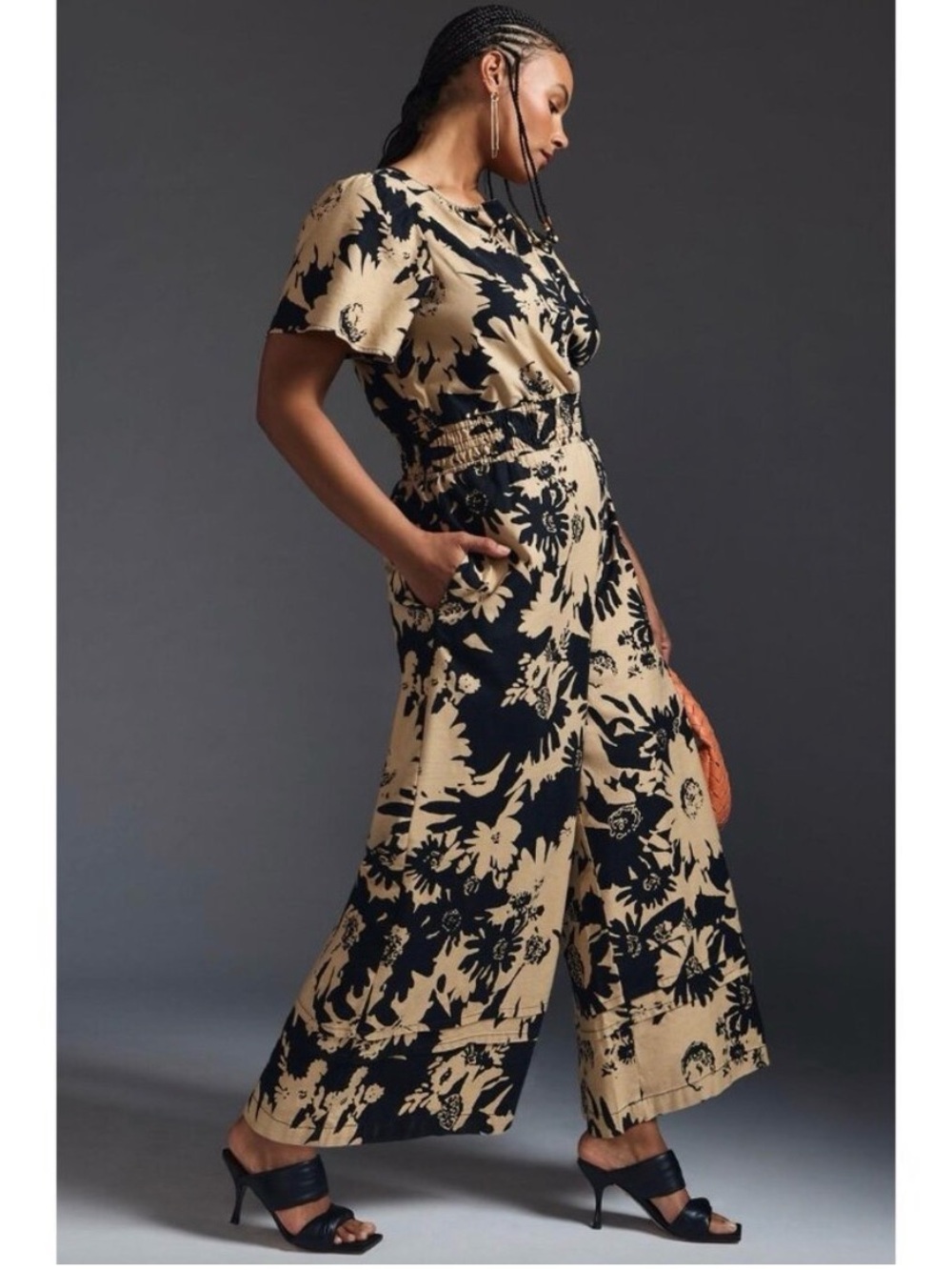 Anthropologie Wide Leg Floral Jumpsuit in Black & Beige Sz Xl